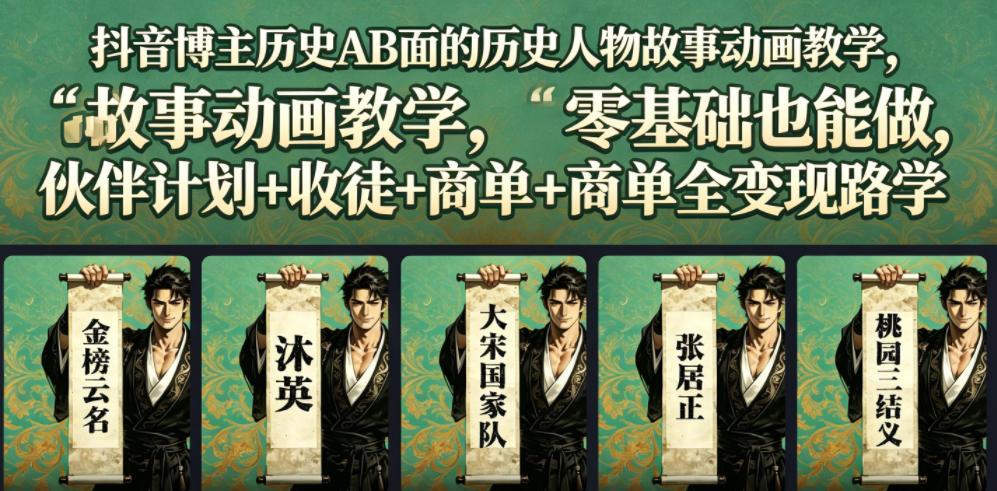 抖音博主历史AB面的历史人物故事动画教学,零基础也能做,伙伴计划+收徒+商单全变现路径教学-创业资源网