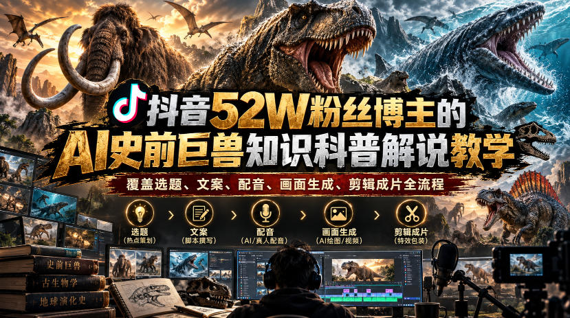 抖音52W粉丝博主的AI史前巨兽知识科普解说教学，覆盖选题、文案、配音、画面生成、剪辑成片全流程-创业资源网