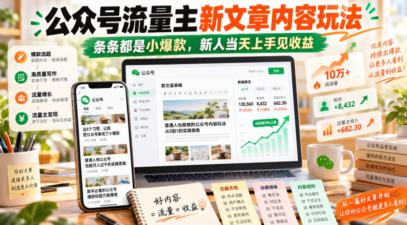 公众号流量主新文章内容玩法，条条都是小爆款，新人当天上手见收益-创业资源网