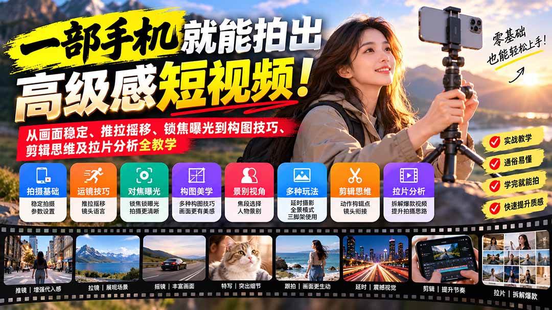 （21272期）一部手机就能拍出高级感短视频！从画面稳定、推拉摇移、锁焦曝光到构图技巧、剪辑思维及拉片分析全教学-创业资源网
