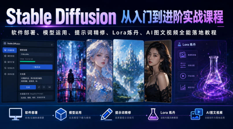 Stable Diffusion从入门到进阶实战课程｜软件部署、模型运用、提示词精修、Lora炼丹、AI图文视频全能落地教程-创业资源网
