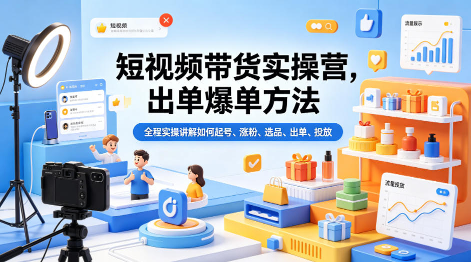短视频带货实操营，出单爆单方法，全程实操讲解如何起号、涨粉、选品、出单、投放-创业资源网