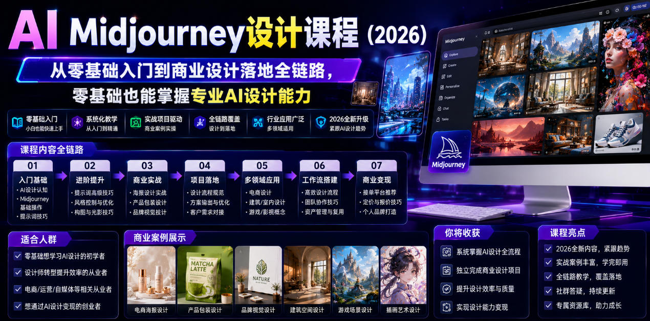 AI Midjourney设计课程（2026），从零基础入门到商业设计落地全链路，零基础也能掌握专业AI设计能力-创业资源网