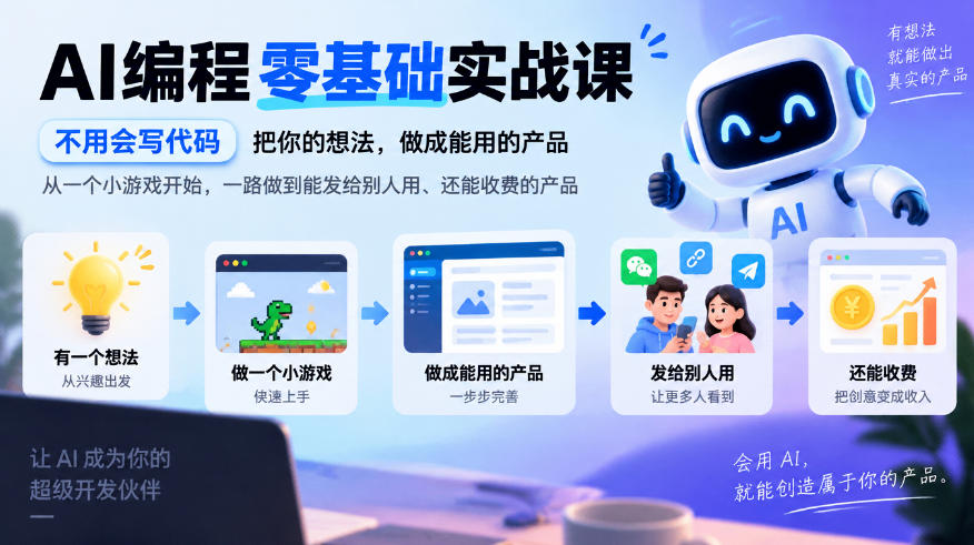 AI编程零基础实战课，不用会写代码，把你的想法，做成能用的产品，从一个小游戏开始，一路做到能发给别人用、还能收费的产品-创业资源网