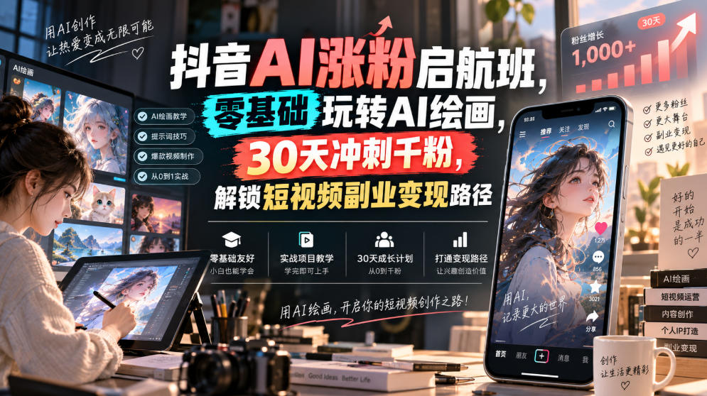 抖音AI涨粉启航班,零基础玩转AI绘画,30天冲刺千粉,解锁短视频副业变现路径-创业资源网