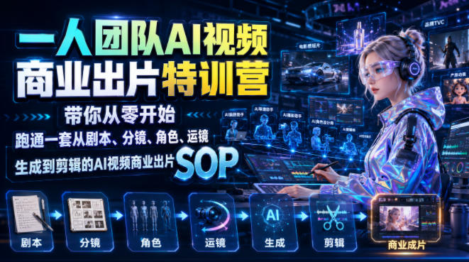 一人团队AI视频商业出片实战课：带你从零开始跑通一套从剧本、分镜、角色、运镜、生成到剪辑的AI视频商业出片SOP-创业资源网