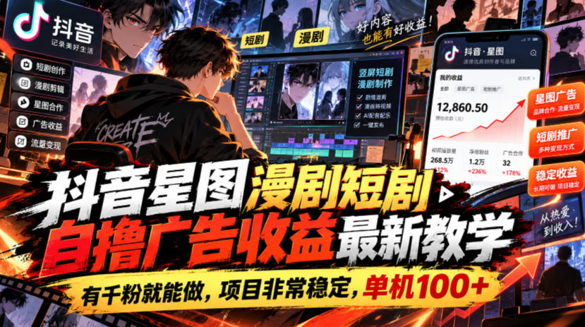 抖音星图漫剧短剧自撸广告收益最新教学，有千粉就能做，项目非常稳定，单机100+-创业资源网