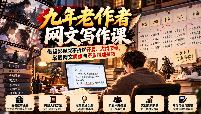 九年老作者网文写作课：借鉴影视叙事拆解开篇、大纲节奏，掌握网文爽点与矛盾搭建技巧-创业资源网