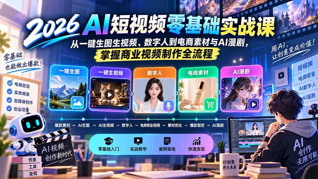（20263期）2026AI短视频零基础实战课：从一键生图生视频、数字人到电商素材与AI漫剧，掌握商业视频制作全流程-创业资源网