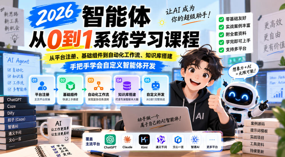 2026智能体从0到1系统学习课程,从平台注册、基础组件到自动化工作流、知识库搭建,手把手学会自定义智能体开发-创业资源网