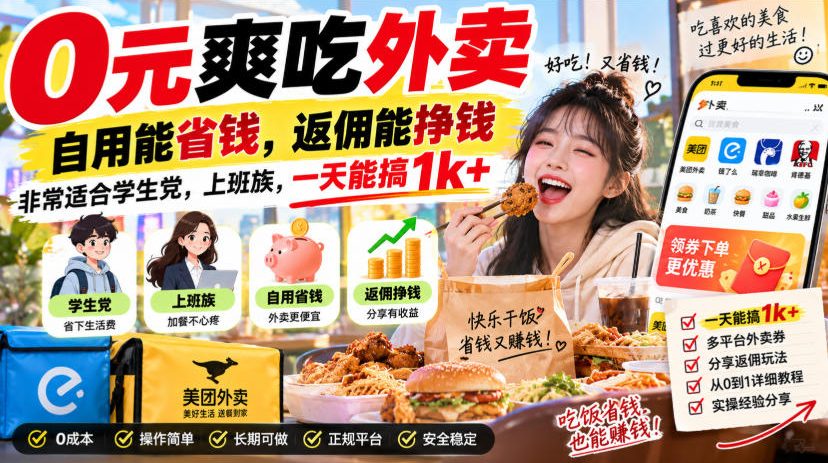 0元爽吃外卖，自用能省钱，返佣能挣钱，非常适合学生党，上班族，一天能搞1k+-创业资源网