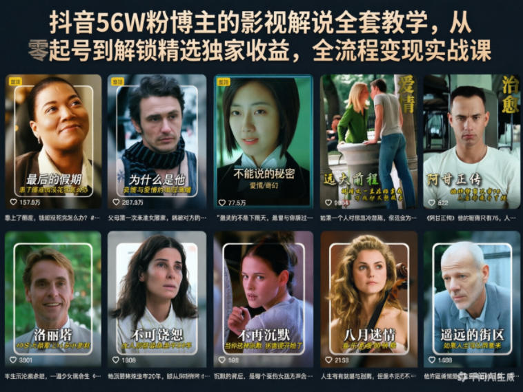 抖音56W粉博主的影视解说全套教学，从零起号到解锁精选独家收益，全流程变现实战课-创业资源网