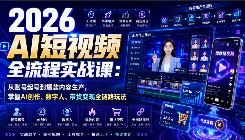 2026 AI短视频全流程实战课：从账号起号到爆款内容生产，掌握AI创作、数字人、带货变现全链路玩法-创业资源网