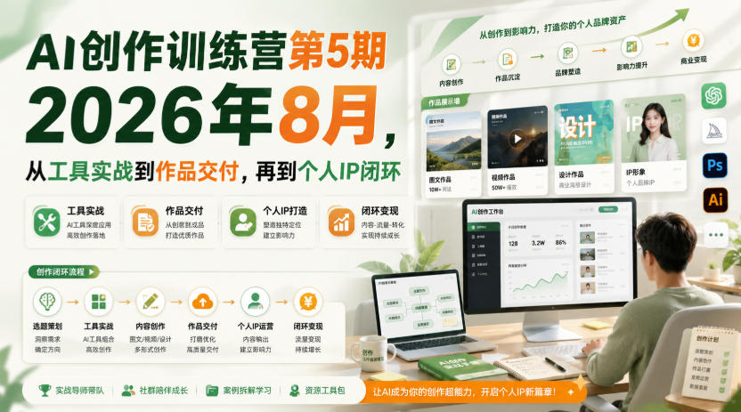 AI创作训练营第5期2026年8月，从工具实战到作品交付，再到个人IP闭环-创业资源网