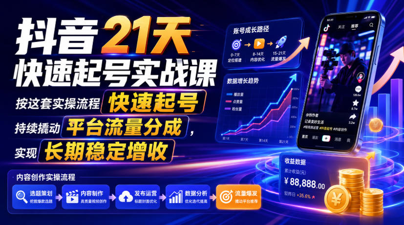 抖音21天快速起号实战课,按这套实操流程快速起号,持续撬动平台流量分成,实现长期稳定增收-创业资源网