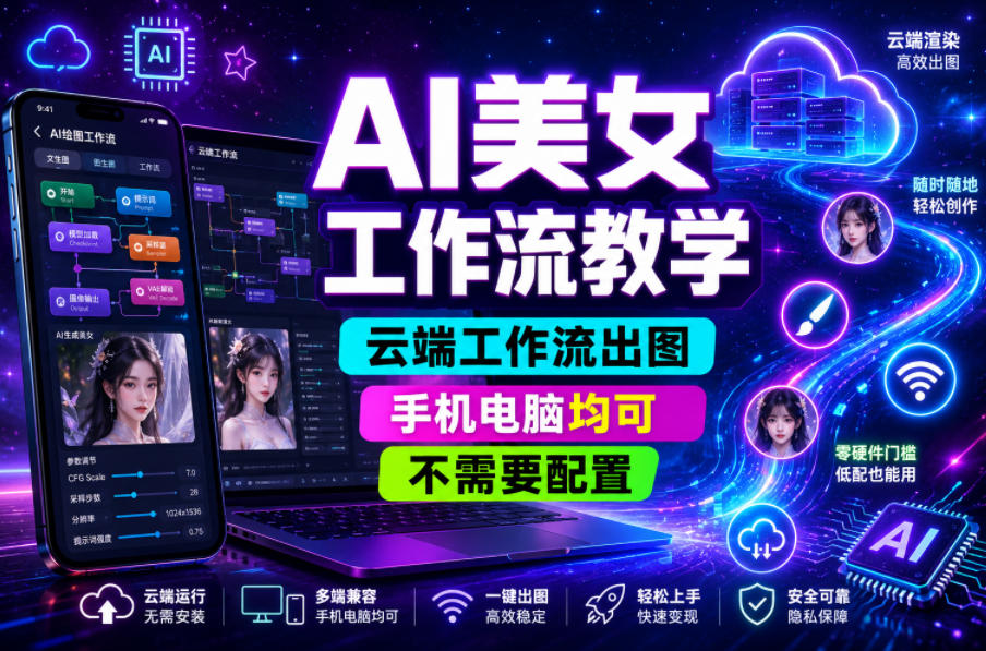 AI美女工作流教学，云端工作流出图，手机电脑均可，不需要配置，快速起号涨粉-创业资源网