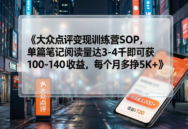 大众点评变现训练营SOP，单篇笔记阅读量达3-4千即可获100-140收益，每个月多挣5K+-创业资源网