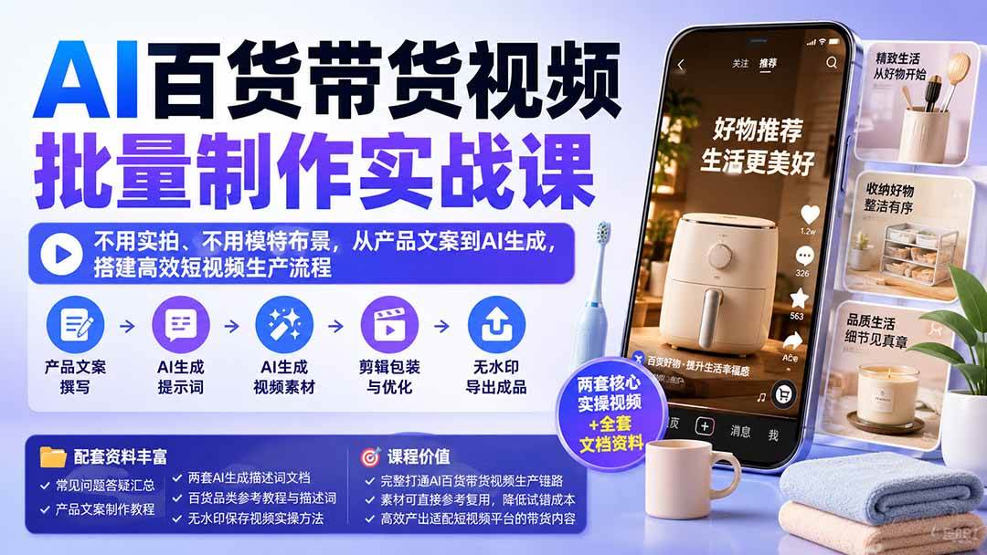 (20179期)AI百货带货视频批量制作实战课:不用实拍、不用模特布景,从产品文案到AI生成,搭建高效短视频生产流程-创业资源网