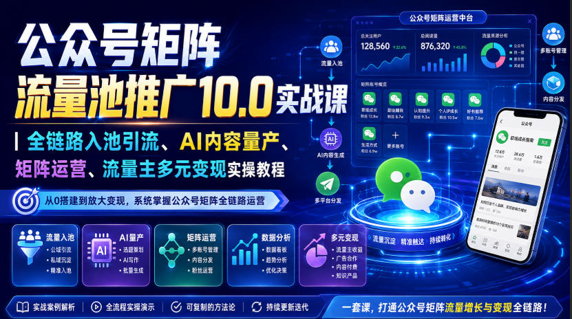 公众号矩阵流量池推广10.0实战课｜全链路入池引流、AI内容量产、矩阵运营、流量主多元变现实操教程-创业资源网
