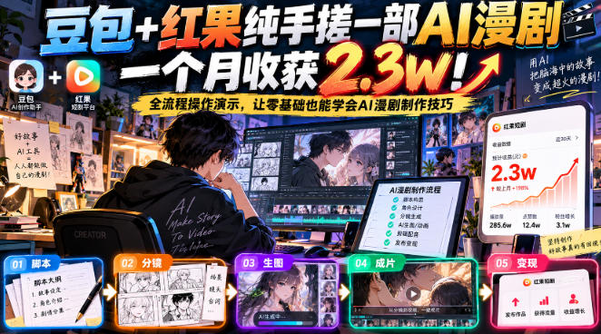 豆包+红果纯手搓一部AI漫剧一个月收获2.3w！全流程操作演示，让零基础也能学会AI漫剧制作技巧-创业资源网