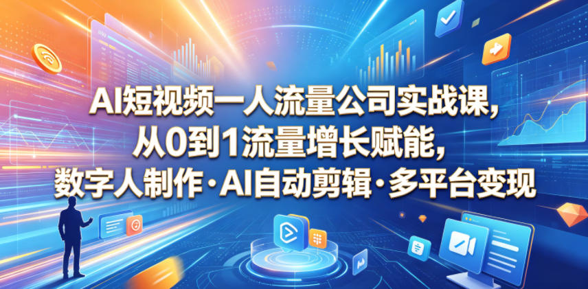 AI短视频一人流量公司实战课，从0到1流量增长赋能，数字人制作・AI自动剪辑・多平台变现，一人做流量生意全落地教程-创业资源网