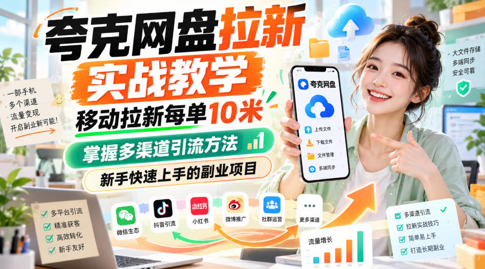 夸克网盘拉新实战教学，移动拉新每单10米，掌握多渠道引流方法，新手快速上手的副业项目-创业资源网