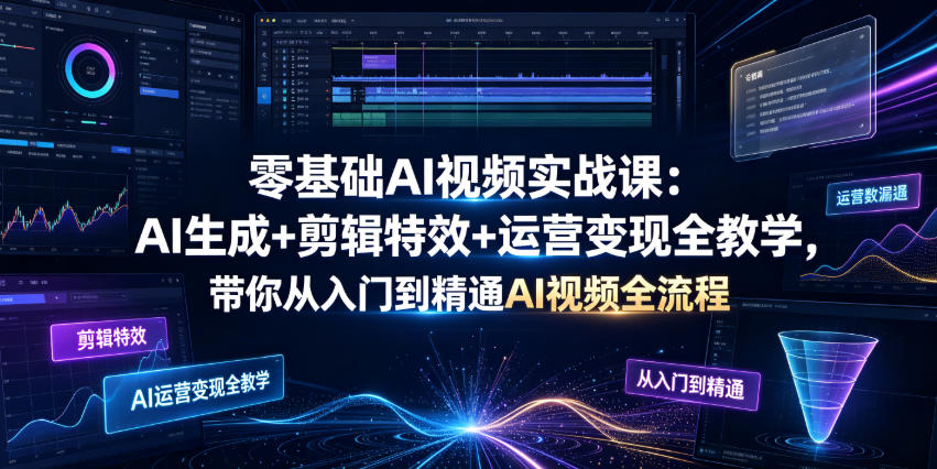 零基础AI视频实战课：AI生成+剪辑特效+运营变现全教学，带你从入门到精通AI视频全流程-创业资源网
