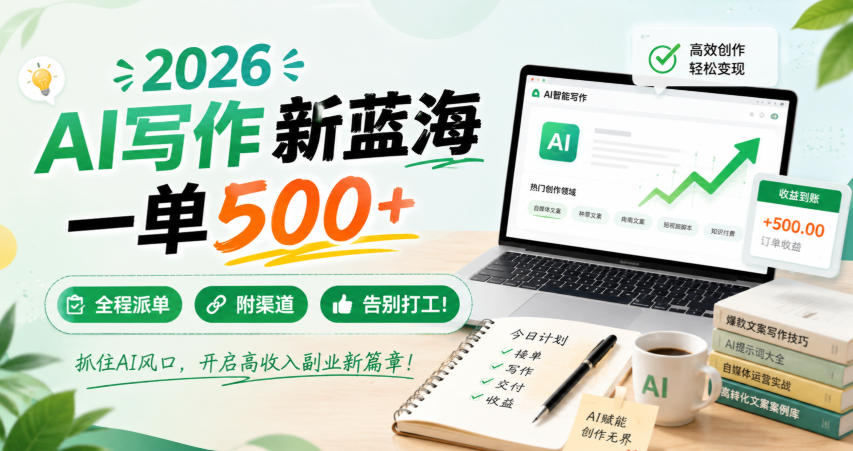 2026 AI写作新蓝海，一单500+，全程派单，附渠道，告别打工！【揭秘】-创业资源网