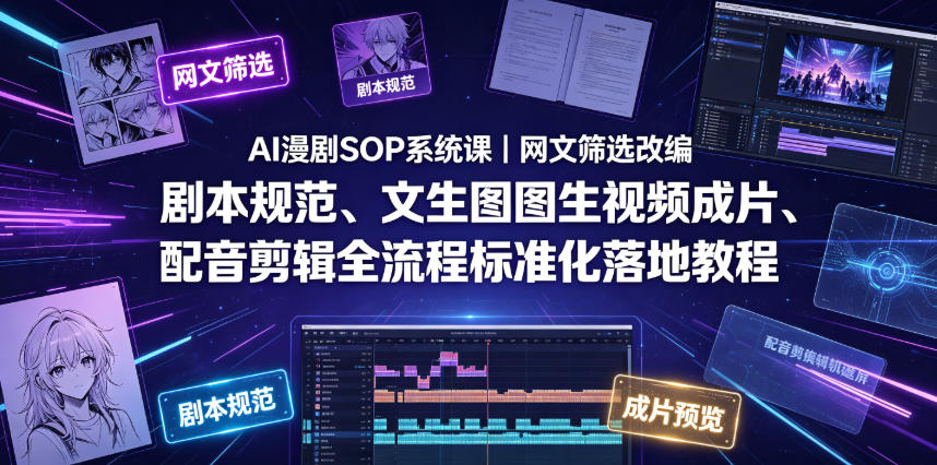 AI漫剧SOP系统课｜网文筛选改编、剧本规范、文生图图生视频成片、配音剪辑全流程标准化落地教程（更新0810）-创业资源网