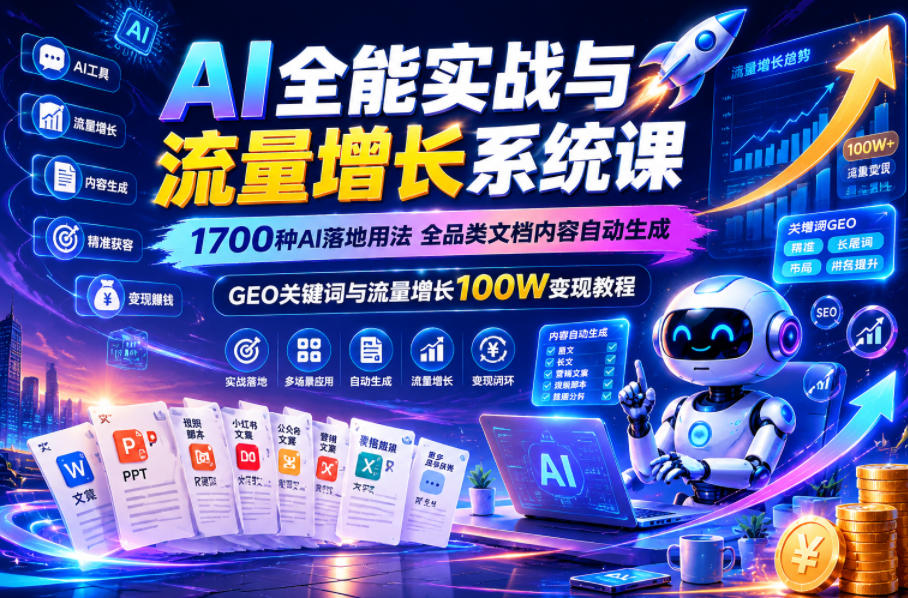 AI全能实战与流量增长系统课，1700种AI落地用法，全品类文档内容自动生成，GEO关键词与流量增长100W变现教程-创业资源网