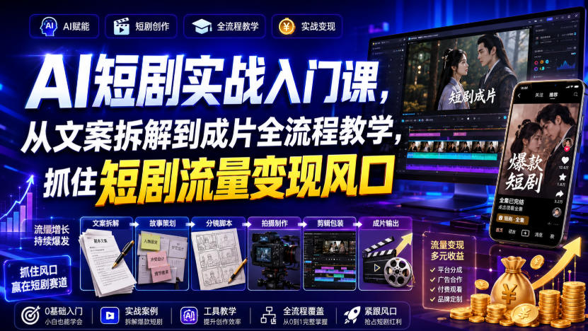 AI短剧实战入门课,从文案拆解到成片全流程教学,抓住短剧流量变现风口-创业资源网