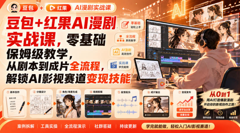 豆包+红果AI漫剧实战课,零基础保姆级教学,从剧本到成片全流程,解锁AI影视赛道变现技能-创业资源网