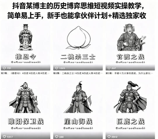 抖音某博主的历史博弈思维短视频实操教学，简单易上手，新手也能拿伙伴计划+精选独家收益-创业资源网