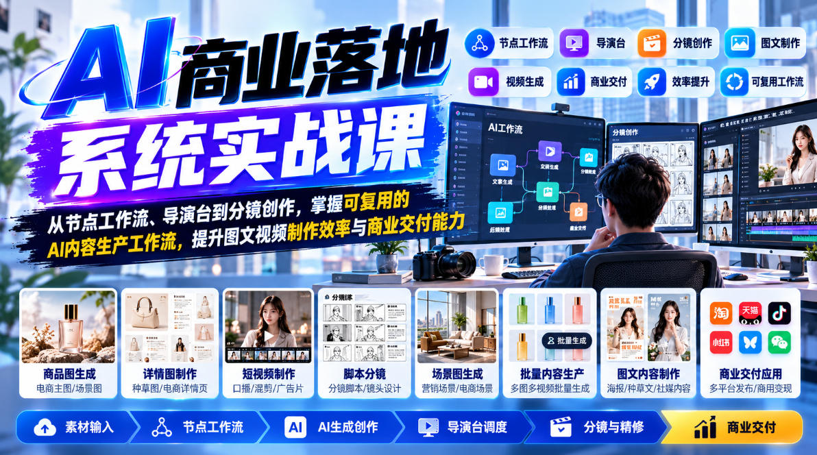 【无水印】AI商业落地系统实战课,从节点工作流、导演台到分镜创作,掌握可复用的AI内容生产工作流,提升图文视频制作效率与商业交付能力-创业资源网