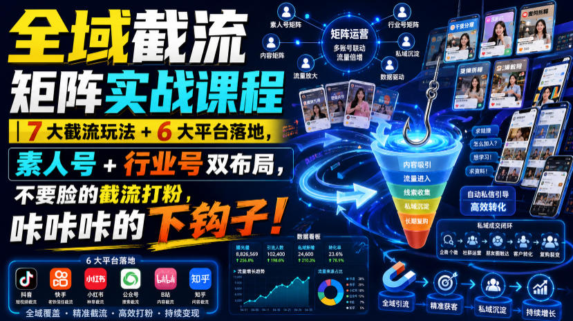 全域截流矩阵实战课程｜7大截流玩法+6大平台落地，素人号+行业号双布局，不要脸的截流打粉，咔咔咔的下钩子！-创业资源网