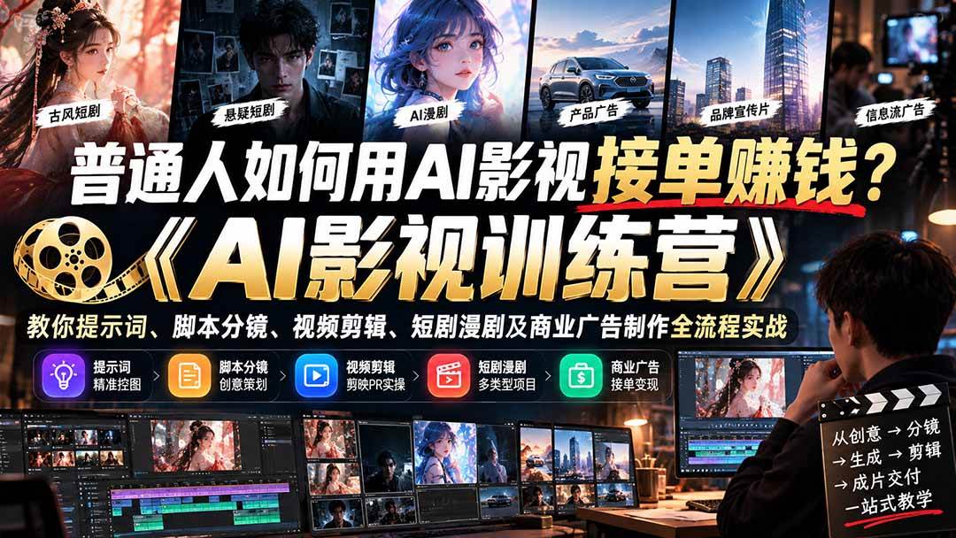 （21230期）普通人如何用AI影视接单赚钱？《AI影视训练营》教你提示词、脚本分镜、视频剪辑、短剧漫剧及商业广告制作全流程实战-创业资源网