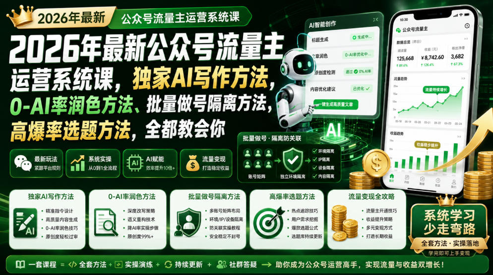 2026年最新公众号流量主运营系统课，独家AI写作方法，0-AI率润色方法、批量做号隔离方法、高爆率选题方法，全都教会你-创业资源网