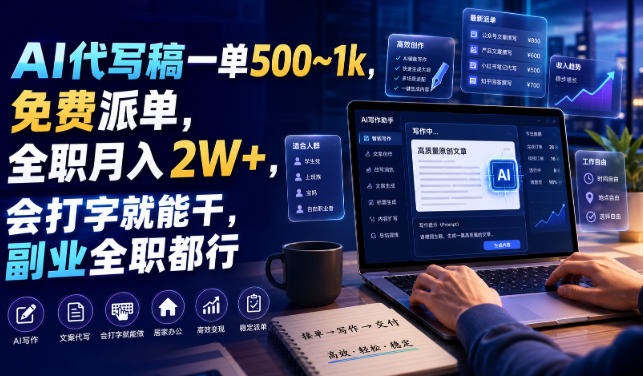 AI代写稿一单500~1k，免费派单，全职月入2W+，会打字就能干，副业全职都行【揭秘】-创业资源网