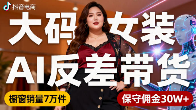 抖音小众赛道，大码女装AI反差带货，不用直播，每天6条作品，橱窗卖7万件，保守佣金30W+-创业资源网