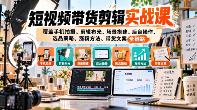 短视频带货剪辑实战课，覆盖手机拍摄、剪辑布光、场景搭建、后台操作、选品策略、涨粉方法、带货文案全链路-创业资源网