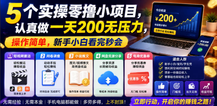 5个实操零撸小项目,认真做一天200无压力,操作简单,新手小白看完秒会【揭秘】-创业资源网