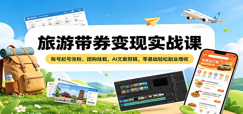 旅游带券变现实战课：账号起号涨粉，团购挂载，AI文案剪辑，零基础轻松副业增收-创业资源网