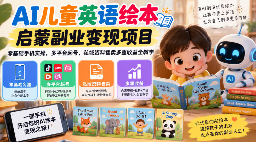 AI儿童英语绘本启蒙副业变现项目，零基础手机实操，多平台起号，私域资料售卖多重收益全教学-创业资源网