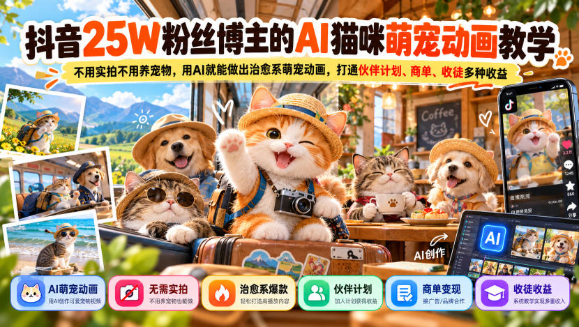 抖音25W粉丝博主的AI猫咪萌宠动画教学，不用实拍不用养宠物，用AI就能做出治愈系萌宠动画，打通伙伴计划、商单、收徒多种收益-创业资源网
