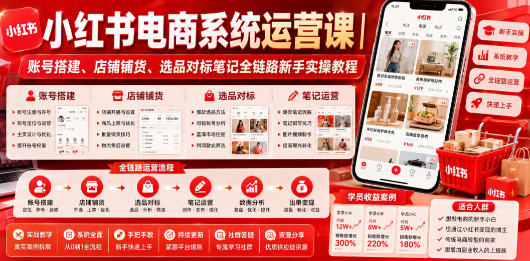 小红书电商系统运营课｜账号搭建、店铺铺货、选品对标笔记全链路新手实操教程-创业资源网
