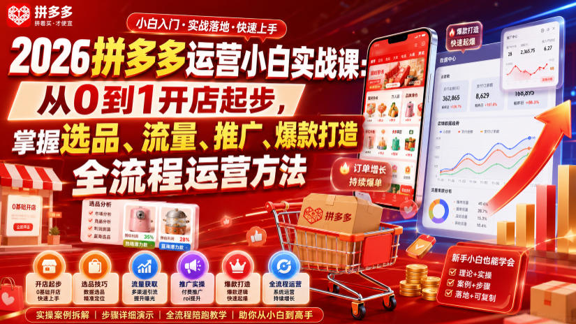 2026拼多多运营小白实战课:从0到1开店起步,掌握选品、流量、推广、爆款打造全流程运营方法-创业资源网