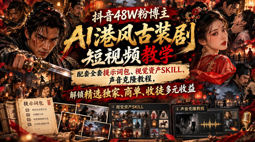 抖音48W粉博主AI港风古装剧短视频教学，配套全套提示词包、视觉资产SKILL、声音克隆教程，解锁精选独家、商单、收徒多元收益-创业资源网