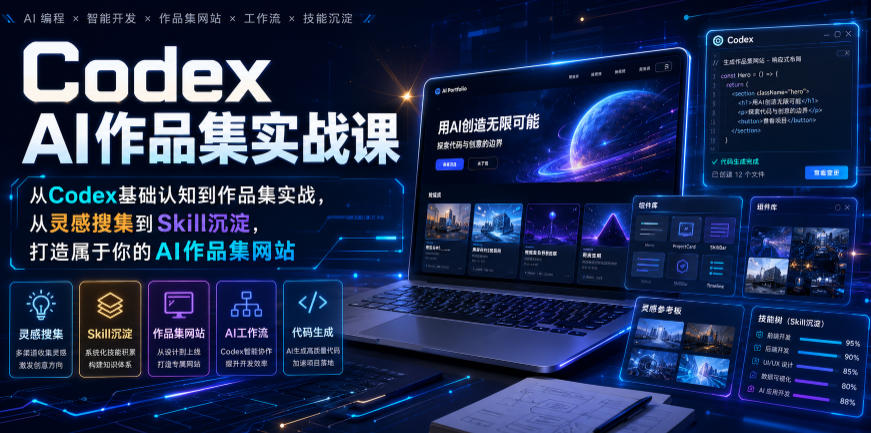 Codex AI作品集实战课，从Codex基础认知到作品集实战，从灵感搜集到Skill沉淀，打造属于你的AI作品集网站-创业资源网