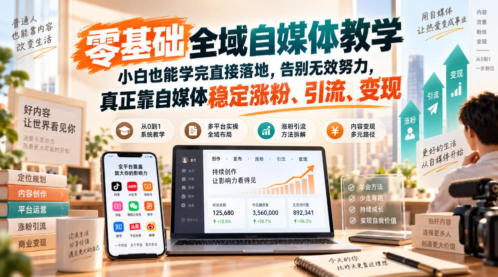 零基础全域自媒体教学，小白也能学完直接落地，告别无效努力，真正靠自媒体稳定涨粉、引流、变现-创业资源网