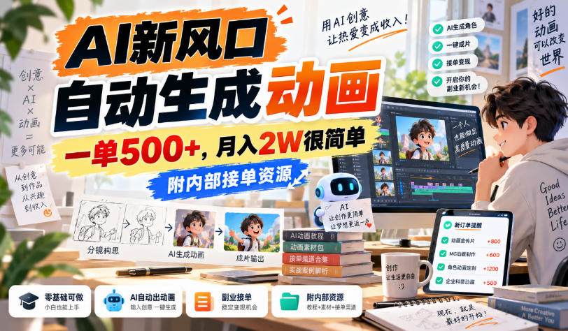AI新风口，自动生成动画，一单500+，月入2W很简单，附内部接单资源【揭秘】-创业资源网